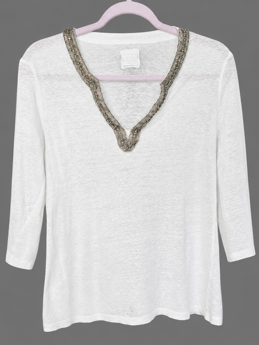 120% Lino White Linen Blend Beaded Tunic Top Boho Luxe Lightweight Blouse 19 ptp - Picture 2 of 9